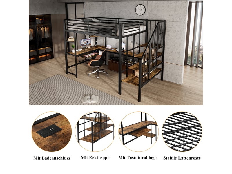  Lit mezzanine enfant 120x200 cm – noir et noyer foncé – bureau intégré, escalier d’angle et recharge – sans matelas  - Conforama E