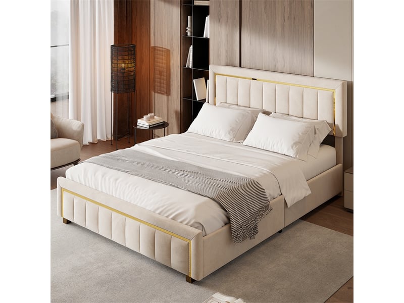  Lit 160x200 cm - lit coffre 160x200 cm - lit double capitonné avec tête de lit réglable et liseré doré - velours blanc cassé  - Conforama C