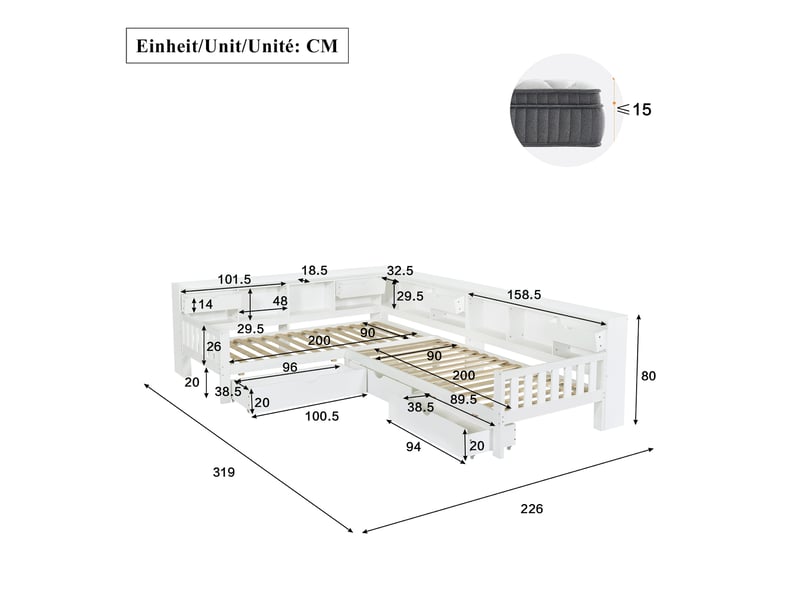  Lit superposé 90x200 cm, lit enfant, tiroirs de rangement, rangements intégrés, rangement latéral ouvert, bois massif et mdf blanc OPULERANE TRADING LTD - Conforama C