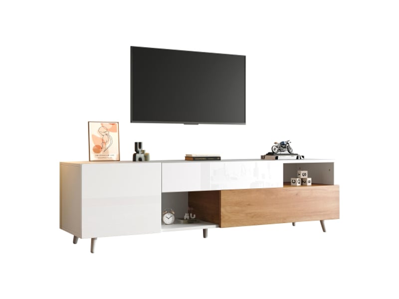  Meuble tv brillant avec porte inférieure et 1 tiroir, meuble bas avec 7 compartiments de rangement, table tv salon, 180x38x50cm  - Conforama A