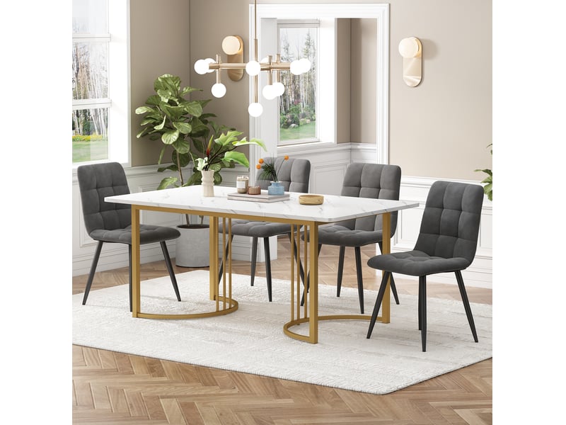  Ensemble repas 5 pièces, table motif marbre moderne, pieds métal réglables, mdf, meuble salon, 4 chaises velours, gris  - Conforama B