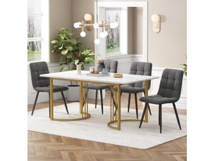 Ensemble repas 5 pièces, table motif marbre moderne, pieds métal réglables, mdf, meuble salon, 4 chaises velours, gris