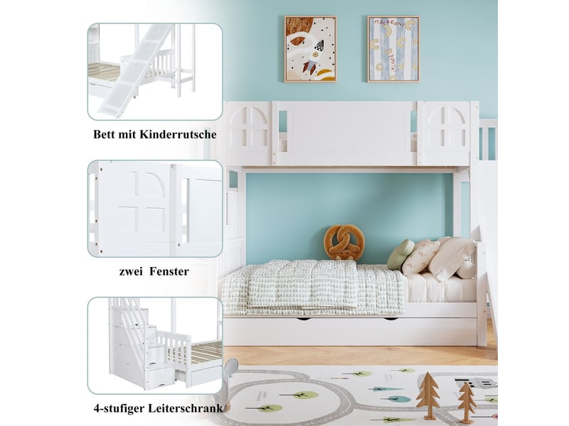  Lit superposé 90x200cm avec toboggan fenêtres escalier rangement - lit double - bois massif blanc grand tiroir barrières de sécurité  - Conforama E