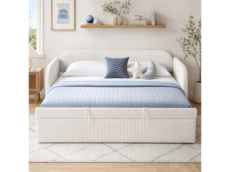  Lit banquette extensible 1 ou 2 places, 90x190 cm et 180x190 cm, en tissu de lin beige, sans matelas  - Conforama B