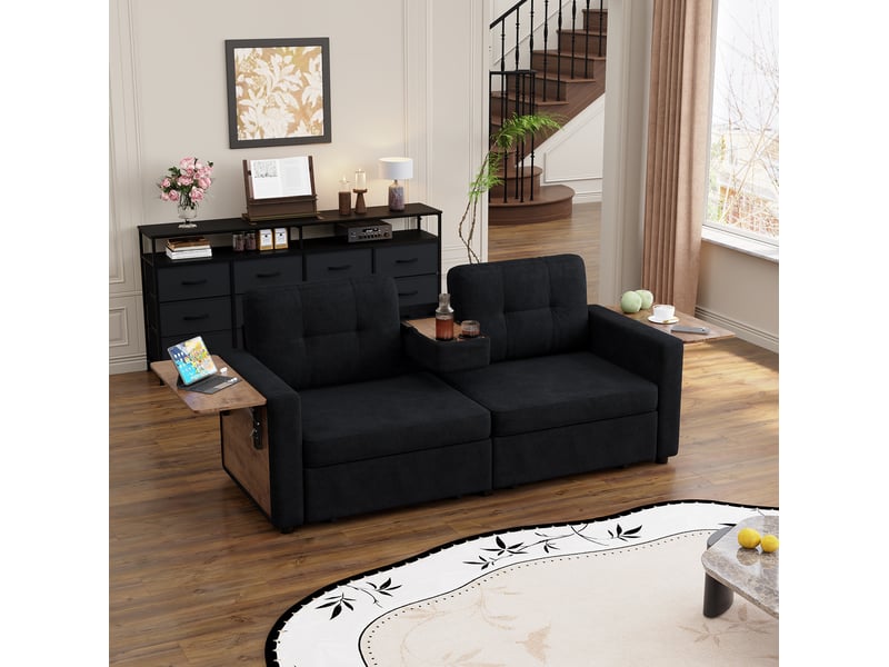  Canape droit 2 places 178x71x57,5 cm avec rangements et table réglable,  2 tiroirs, couleur noir, moderne  - Conforama E