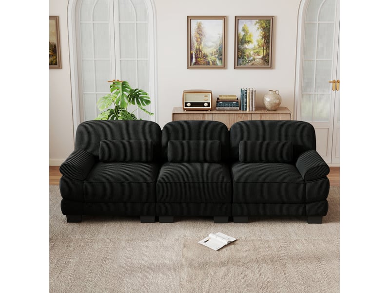 Canapé droit modulable 3 places en velours côtelé noir 265x88,5x94 cm - Conforama E