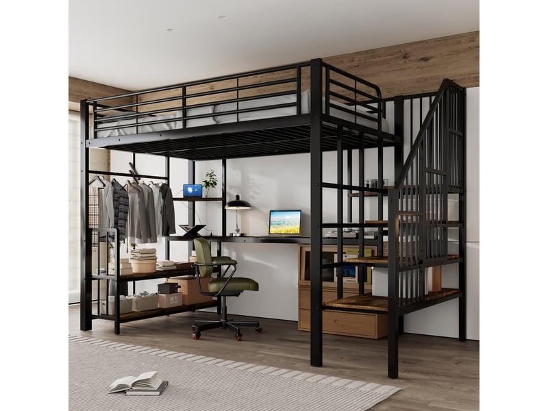 Lit mezzanine 120 x 200 cm, ports usb, barre de penderie, étagères de rangement, escalier, pour la chambre, métal et mdf, noir et noyer foncé ABC - Conforama B