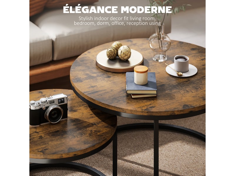  Lot de 2 tables basses gigognes empilable design industriel plateau imitation ciment pieds en métal rustique brun  - Conforama D