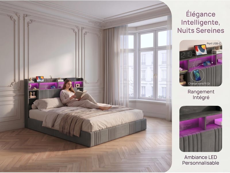 Lit 2 places 160x200 cm – lit coffre – tête de lit avec espace de rangement – ports usbtype-c – éclairage led rgb – sommier à lattes – lin gris - Conforama E