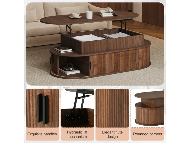 Table basse réglable en hauteur 100 × 50 × 40 cm jusqu'à 55 cm, coloris noyer, plateau ovale, portes à rideau, mécanisme hydraulique - Conforama D