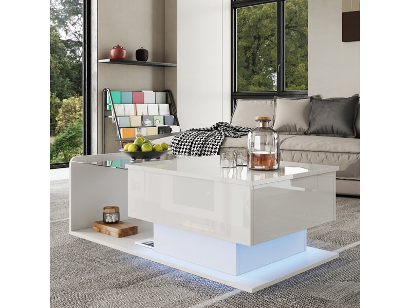  Table basse relevable avec rangements ouverts et cachés, led, plateau en verre trempé pour salon, 100 × 50 × 3347,5 cm  - Conforama C