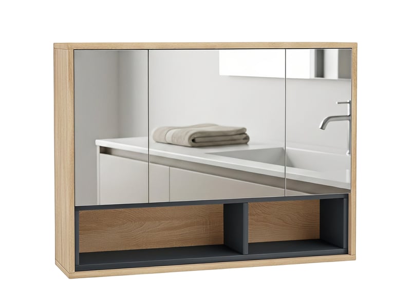  Meuble salle de bain avec miroir, chêne, armoire toilettes murale avec placards à 3 portes et 8 compartiments  - Conforama B