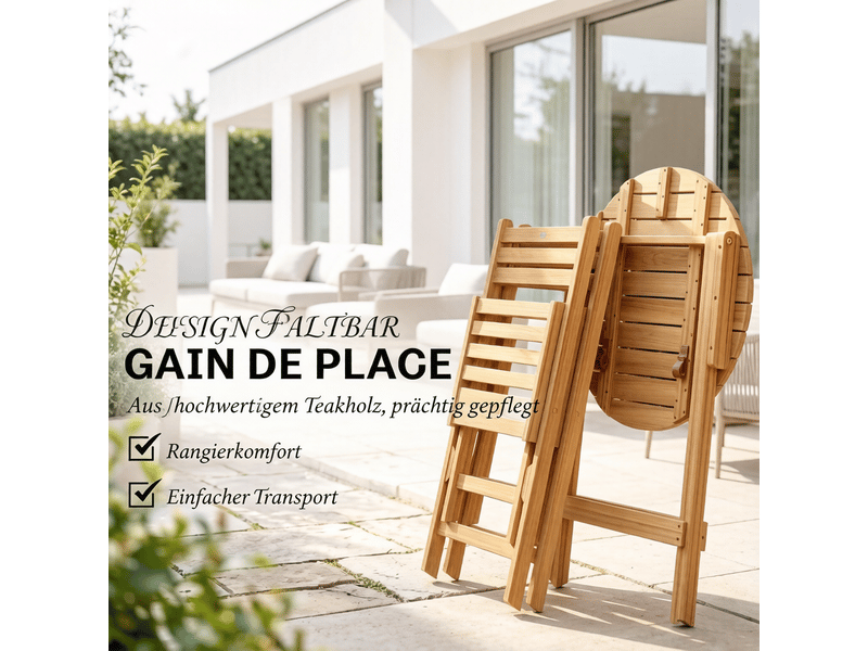  Ensemble table et chaise de jardin avec 1 table pliante et 2 chaises pliantes en bois d'acacia naturel  - Conforama E