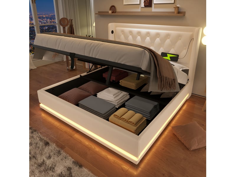  Lit coffre 140x200 cm en pu blanc, led 3 côtés, usbusb-c et tête capitonnée  - Conforama B