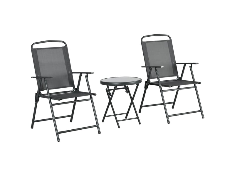  Ensemble de jardin 3 pièces comprenant 2 chaises (53,5 x 64 x 93 cm) et une table basse (ø 45 x 50 cm), en métal gris foncé.  - Conforama B