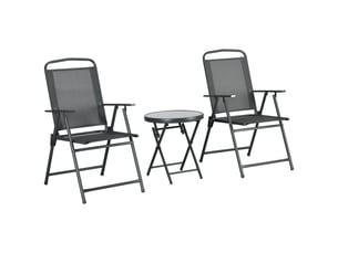 Ensemble de jardin 3 pièces comprenant 2 chaises (53,5 x 64 x 93 cm) et une table basse (ø 45 x 50 cm), en métal gris foncé.