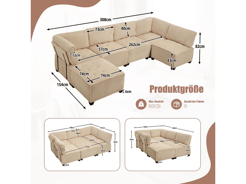 Canapé modulaire 6 places en velours côtelé kaki, structure métal et bois, convertible u ou l - Conforama C