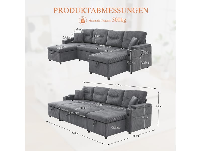 Canapé panoramique convertible modenvie 4 places en velours côtelé gris charbon avec deux méridiennes, rangements, porte-gobelets et usb type-c 272 x 136 x 86 cm - Conforama C