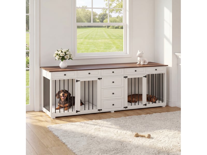 Meuble‑cage 200x60x85 cm – noyer et blanc – 8 tiroirs, 2 espaces séparés avec fermetures - Conforama E