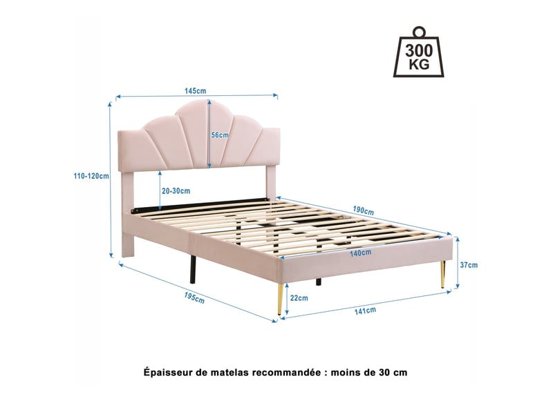  Modenvie lit rembourré 140x190 cm - velours, tête de lit réglable en hauteur, sans matelas - rose  - Conforama C