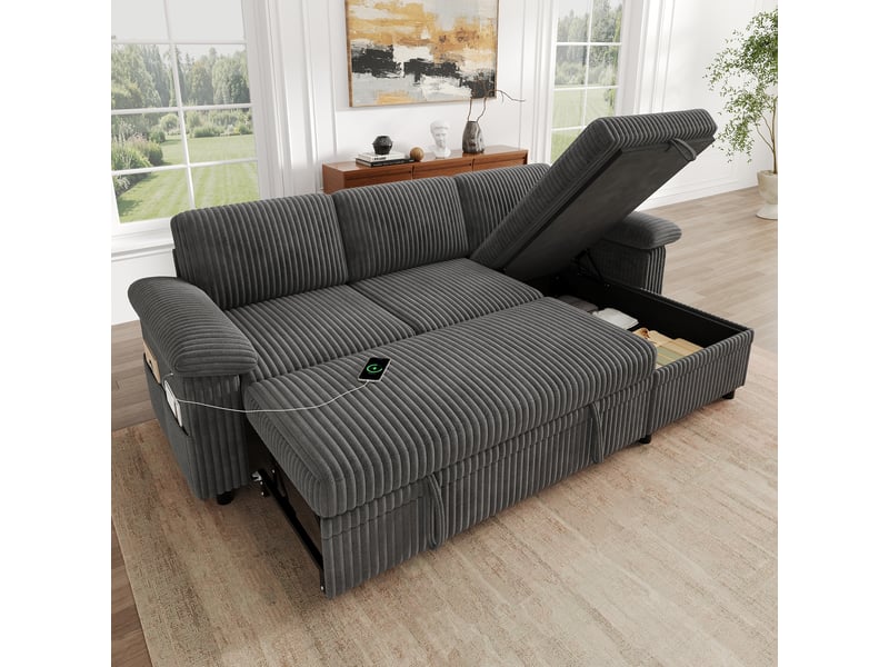  Canapé d'angle réversible convertible 3 places tissu gris coffre de rangement  - Conforama B