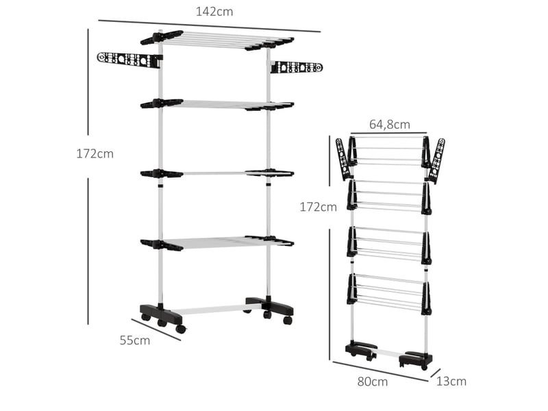 Support à linge rétractable 5 niveaux, pliable, système one-klick, 142 cm x 55 cm x 172 cm, noir + argent - Conforama C