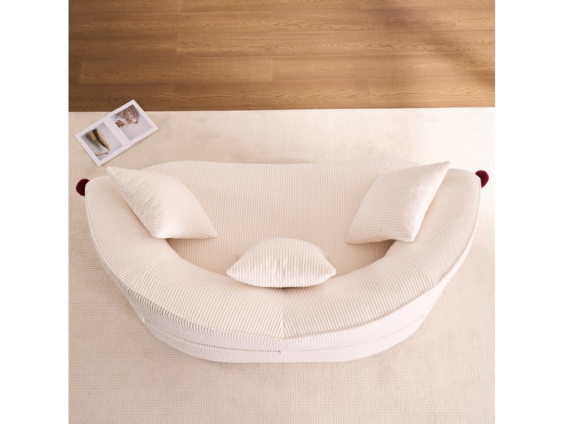  Canapé droit 2 places aux lignes courbes avec 3 coussins et tapis  de compagnie en velours côtelé blanc  - Conforama E