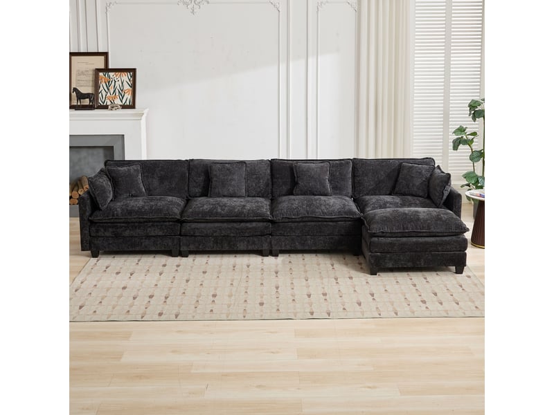  Canapé droit modulable 4 places 380 × 75 × 84 cm en chenille noir, coussins rembourrés IKSETERA TRADING LTD - Conforama W