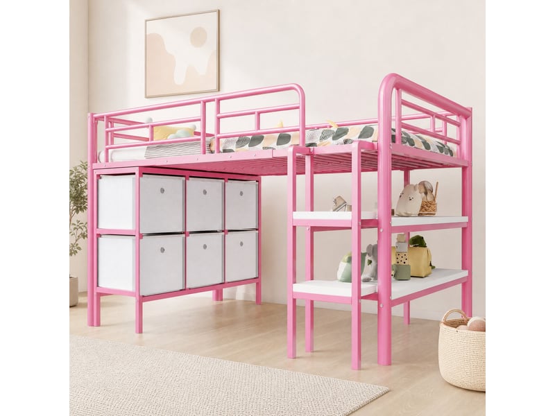  Lit mezzanine enfant 90 x 200 cm avec rangements, escalier et cadre rose  - Conforama B