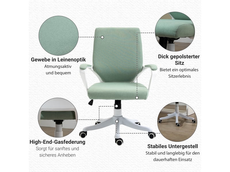 Chaise de bureau ergonomique avec accoudoirs, tissu vert et blanc, hauteur réglable - Conforama W