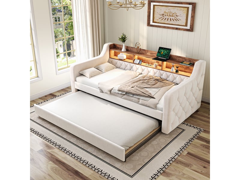  Lit gigogne rembourré 90x190 extensible en lit double, tête de lit avec rangement, led, usb-c, sommier à lattes, velours beige Morn Vibe - Conforama D