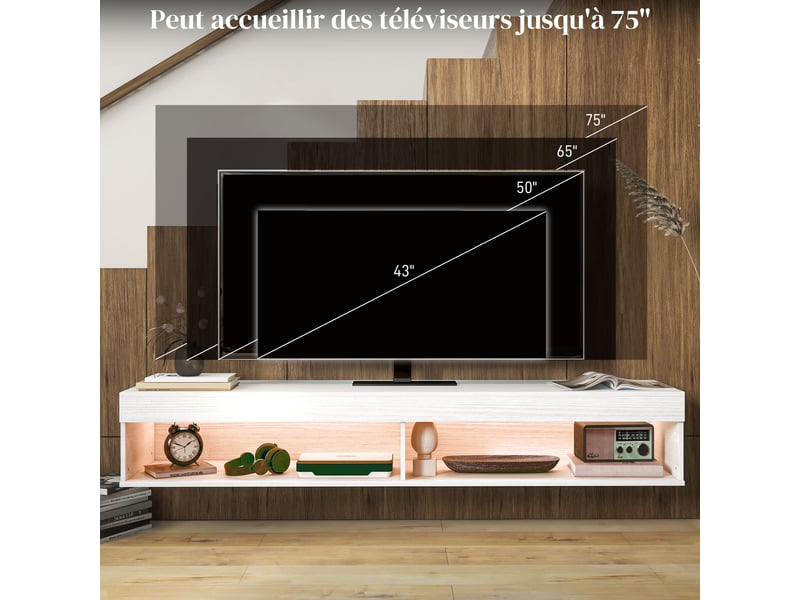  Meuble tv suspendu mural avec éclairage led pour téléviseurs jusqu'à 75 pouces, étagères, 180l x 40l x 30h cm, blanc  - Conforama R
