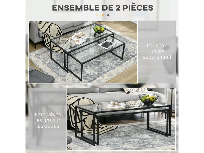  Lot de 2 tables basses gigognes tables de salon rectangulaires design en acier noir et plateaux en trempé verre  - Conforama D