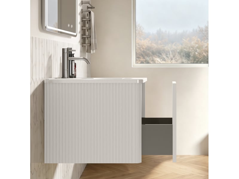  Meuble de salle de bain suspendu 81 x 46,5 cm - blanc - vasque intégrée, tiroir et miroir led réglable  - Conforama E