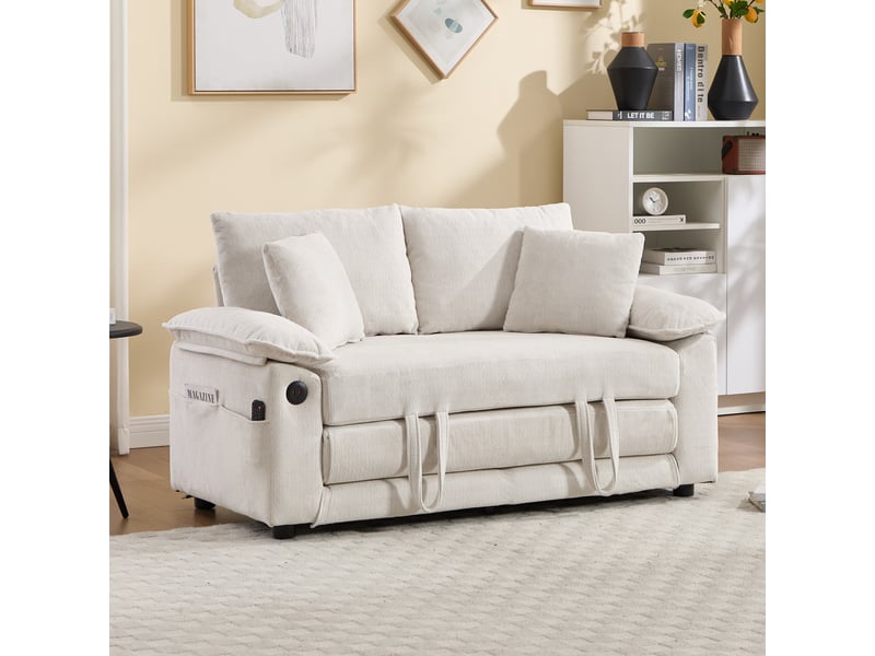 Canapé convertible 2 places 135x66x80 cm 3-en-1 avec poches latérales blanc sans matelas  - Conforama C