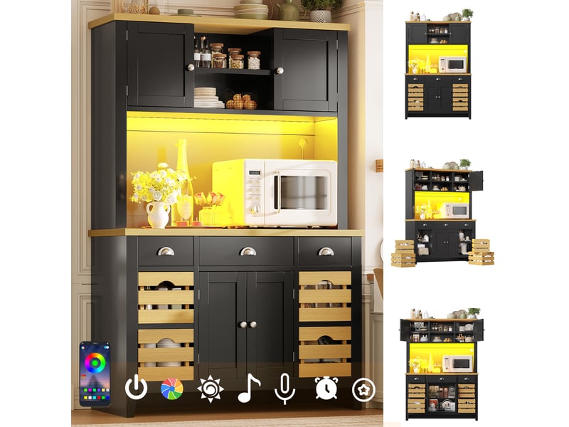 Buffet de cuisine haut 120x40x188 cm avec led rgb, plan de travail effet bois, 4 paniers amovibles, étagères réglables et fermeture douce, noir N620GG260801ER - Conforama B