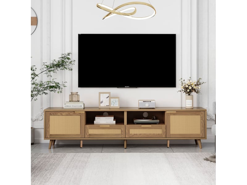  Meuble tv 200 x 37 x 49 cm, chêne, 2 portes, 2 tiroirs et détails en rotin  - Conforama B