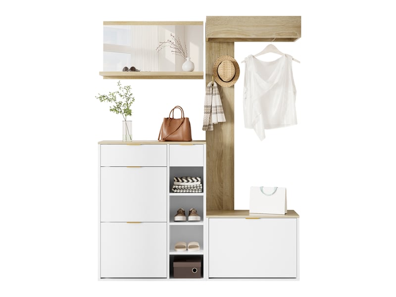 Meubles d'entrée avec meuble à chaussures, banc, miroir et panneau à crochets pour couloir en aggloméré 130×30×174 cm - Conforama A
