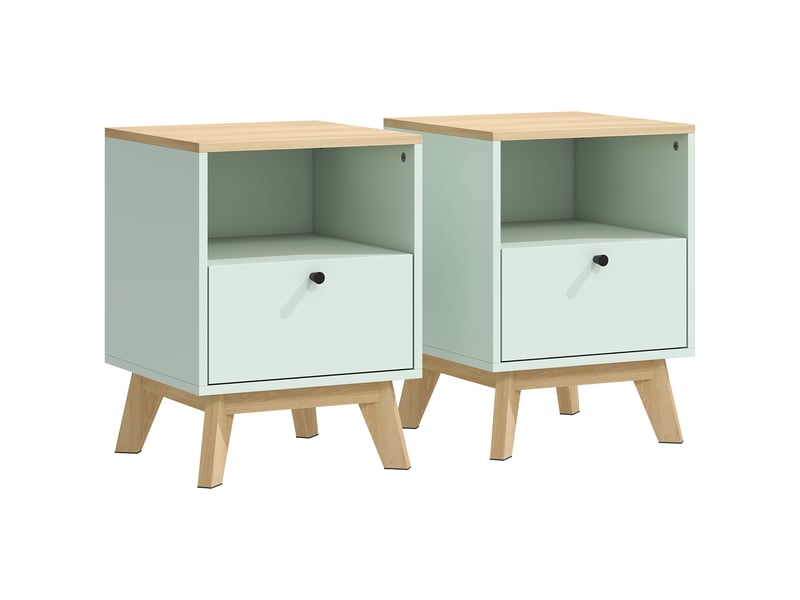  Lot de 2 tables de chevet, tables de nuit avec tiroir et compartiment ouvert, chêne et vert clair, 40 x 40 x 55 cm  - Conforama B