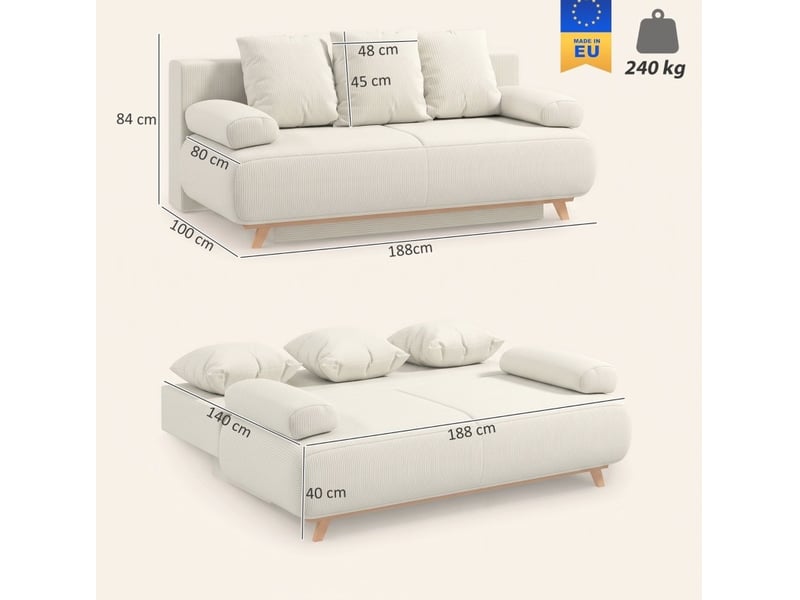  Canapé convertible tcqpz 3 places 188 x 100 x 84 cm avec rangement caché dossier réglable velours côtelé beige  - Conforama C