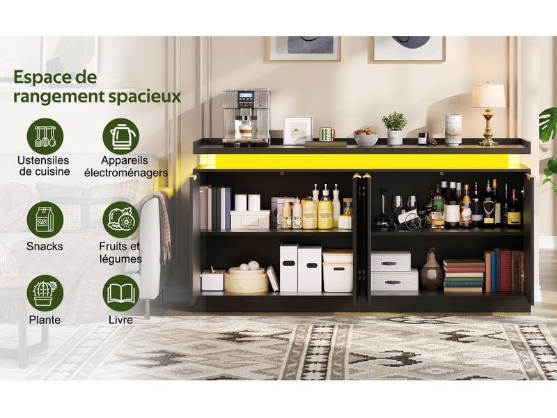 Buffet avec rangements ouverts et fermés led rgb pour cuisine en mdf 160×39×83 cm noir - Conforama D