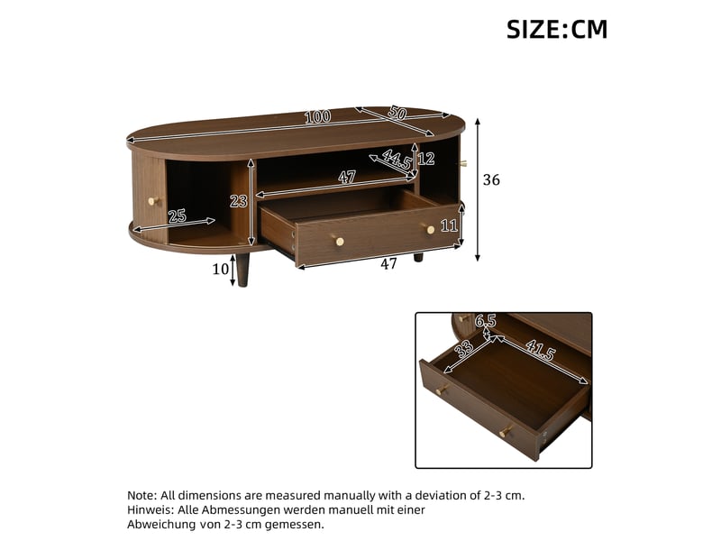 Table basse ovale 100 x 50 x 36 cm en mdf plaqué noyer avec tiroir et portes à rideau couleur noyer chicfurn - Conforama D