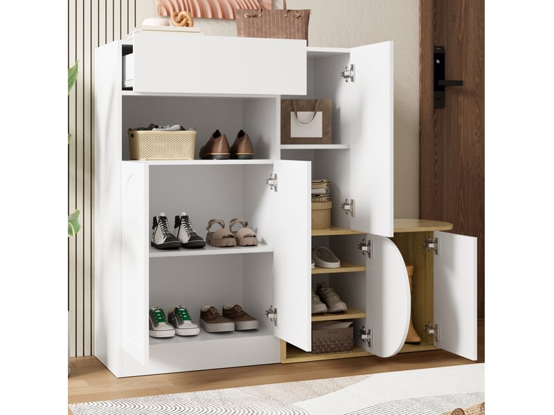  Meuble à chaussures 130x35x110,5 cm avec banc, 1 tiroir, 5 portes, mdf blanc et aspect bois  - Conforama B