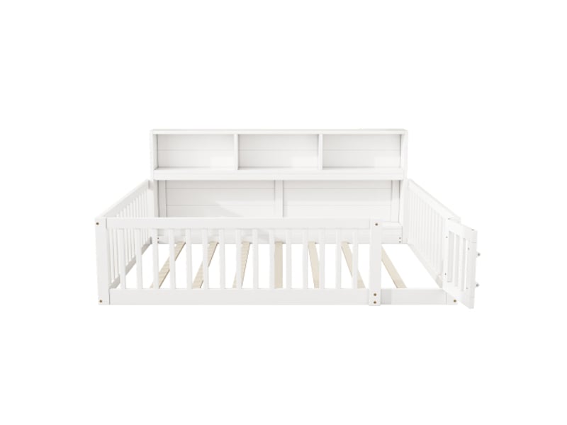  Lit enfant 140x200 cm, tête de lit et rangement latéral, avec lattes, en bois, blanc, sans matelas  - Conforama E