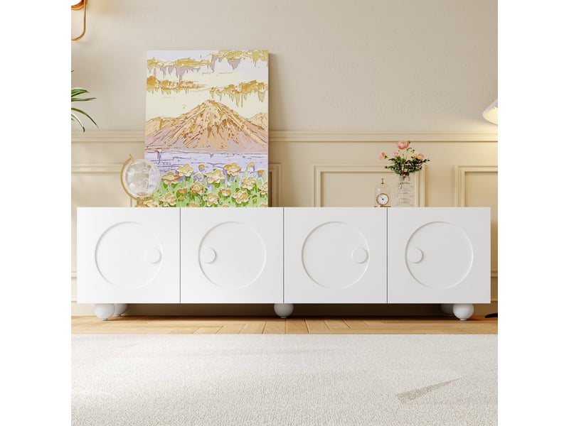  Meuble tv blanc motifs circulaires et 4 portes avec pieds sphériques  - Conforama D