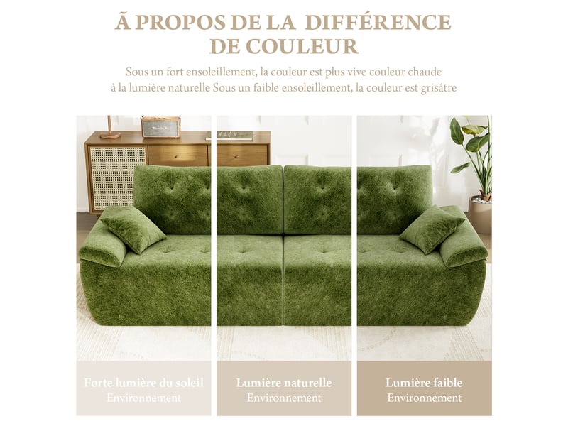  Canapé compressé modulable style nuage scandinave 275cm vert en chenille,mousse compressée haute densité,canapé doux pour salon 275x102x66CM - Conforama W
