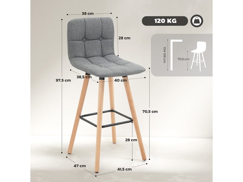  Lot de 2 tabourets de bar, chaises de bar capitonnées avec dossier et repose-pieds, pieds en bois, 41,5x47x97,5cm, gris  - Conforama E