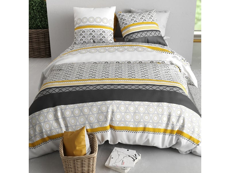  Parure housse de couette 260x240cm + 2 taies motif blanc gris et jaune 100% coton - ipsar IPSAR - Conforama C