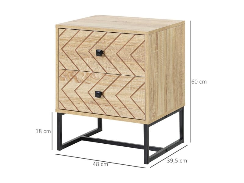  Table de chevet table de nuit style graphique 48l x 39,5l x 60h cm 2 tiroirs métal noir panneaux particules mdf imitation bois clair  - Conforama C