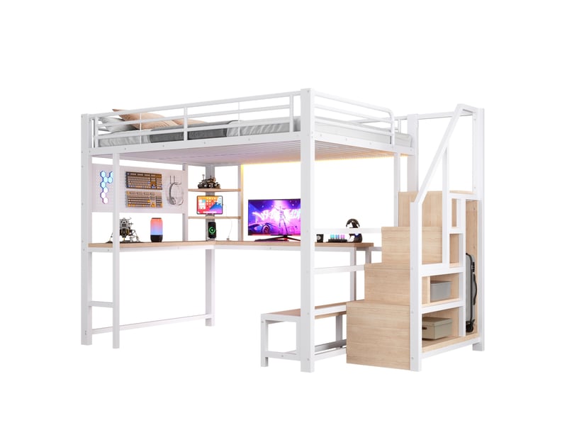  Lit mezzanine 140x200 cm, bureau, escalier avec rangement, led, usb et usb-c, métal et mdf, blanc, sans matelas  - Conforama A